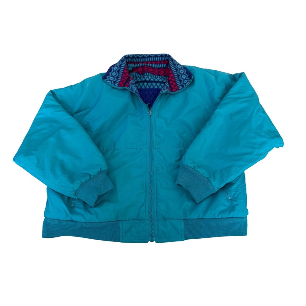 Mens Vintage 90s Reversible Aztec Bomber Jacket Teal Fleece Lined Gorpcore XL